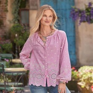 Sundance Rory Pink Striped Eyelet Puff Sleeve Top L Scalloped Hem Summer Peasant